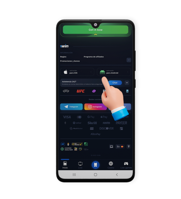Sección app móvil en la página oficial de 1win México, paso 1.