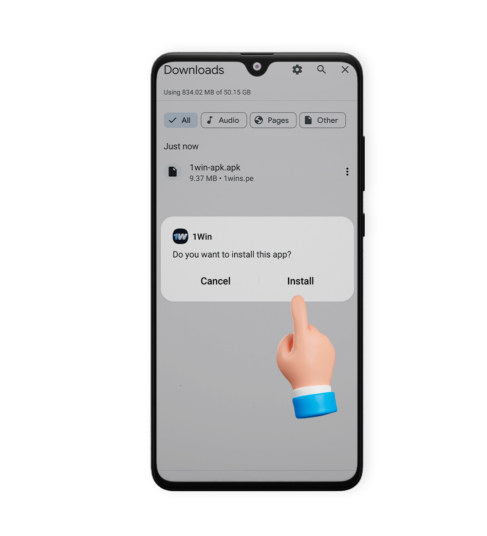 Instalar APK 1win Android, paso 4.