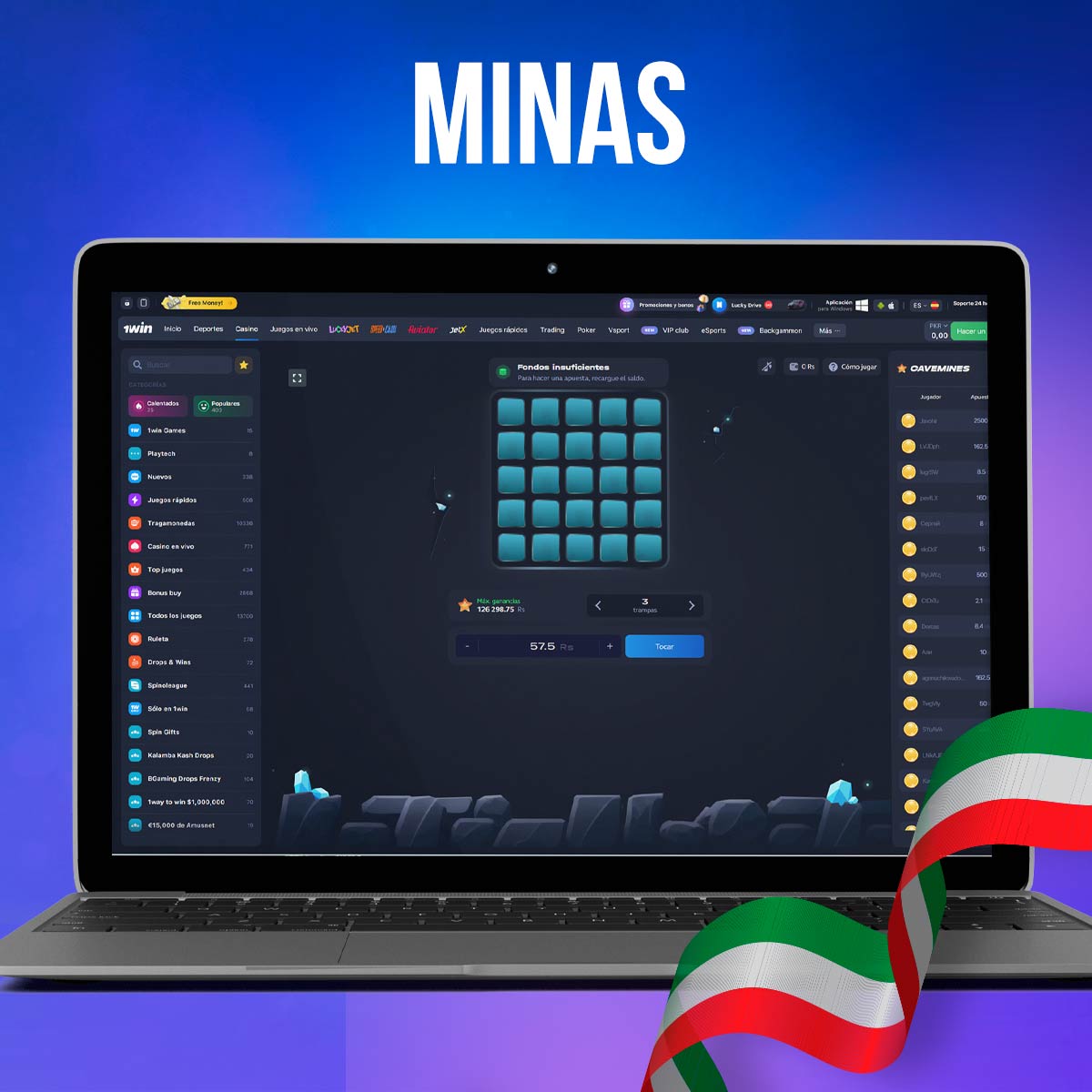 Juego Minas en 1Win con mecánica de riesgo y recompensas crecientes